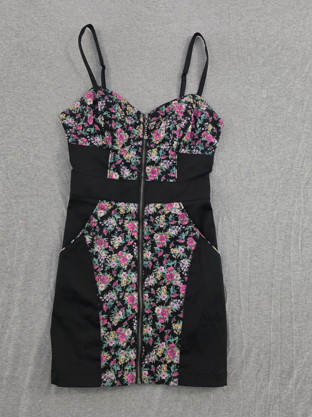 Guess Black Mini Bodycon Dress with Pink Floral Panels - Picture 4 of 12